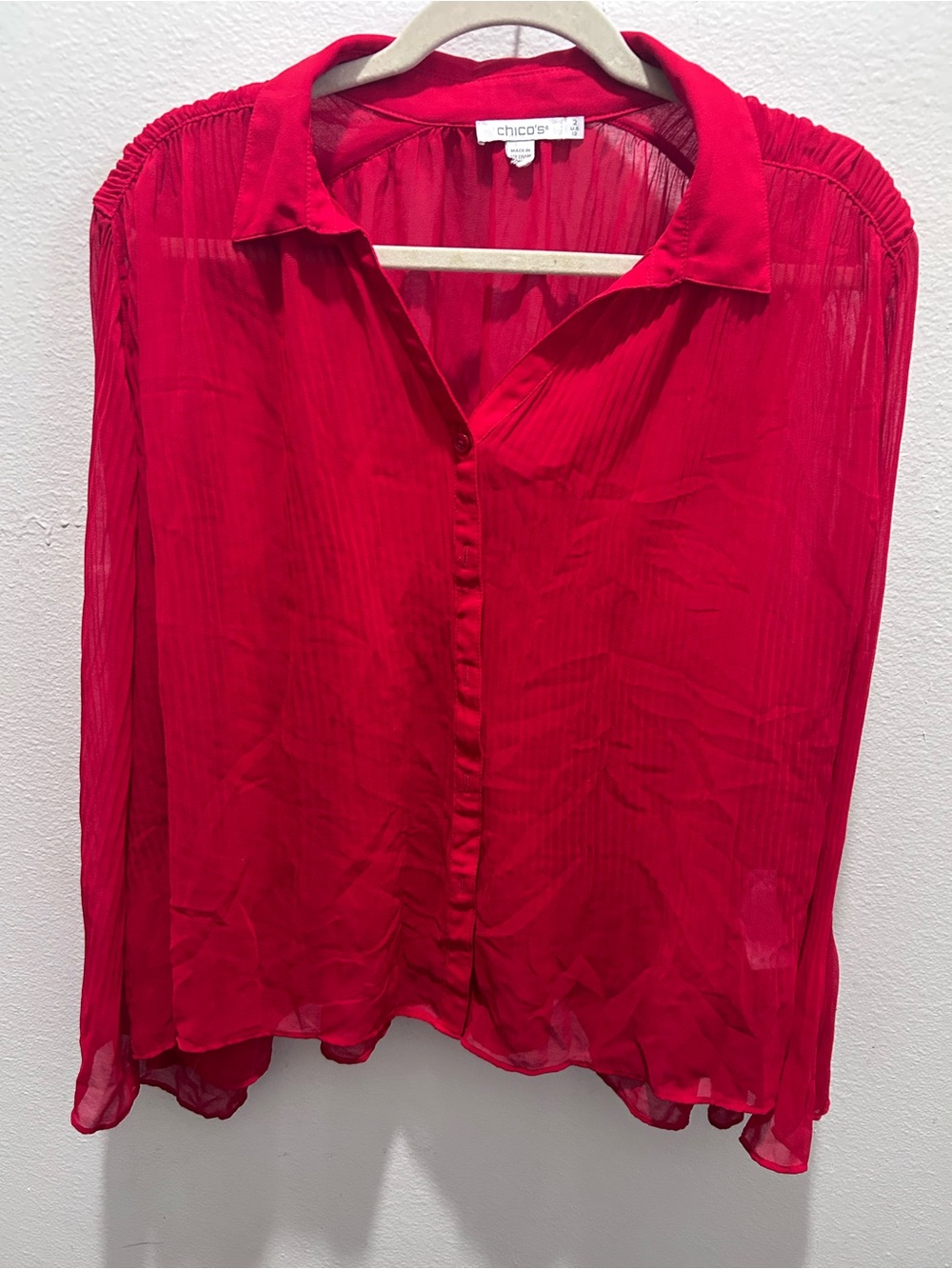 Chico's Sheer Hot Pink Pleated Shoulder Blouse